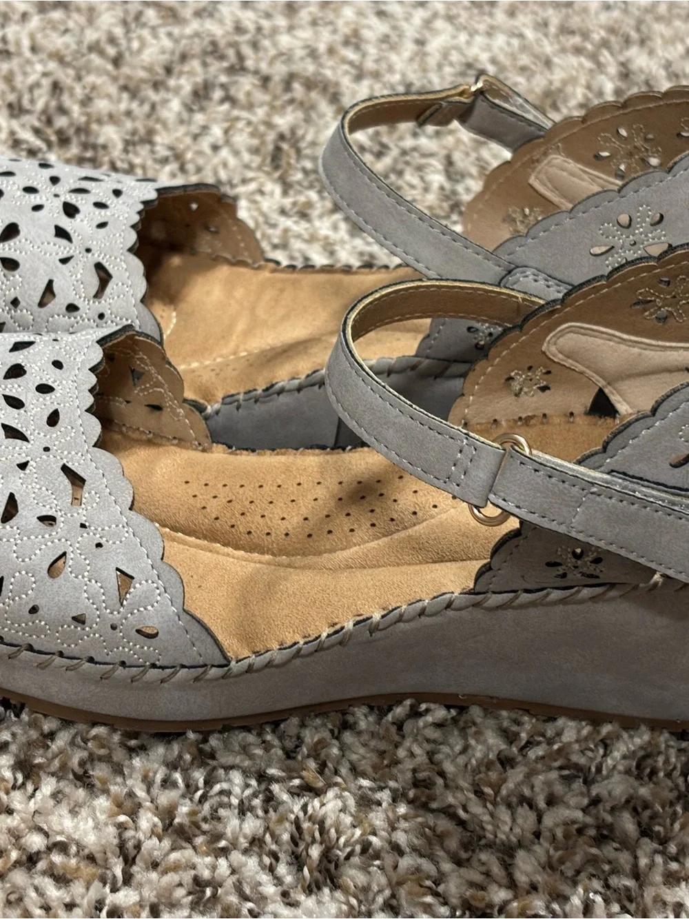 Patrizia Khaki Leather Cut-Out Floral Ankle Strap Buckle Wedge Sandals US 8 NWOT